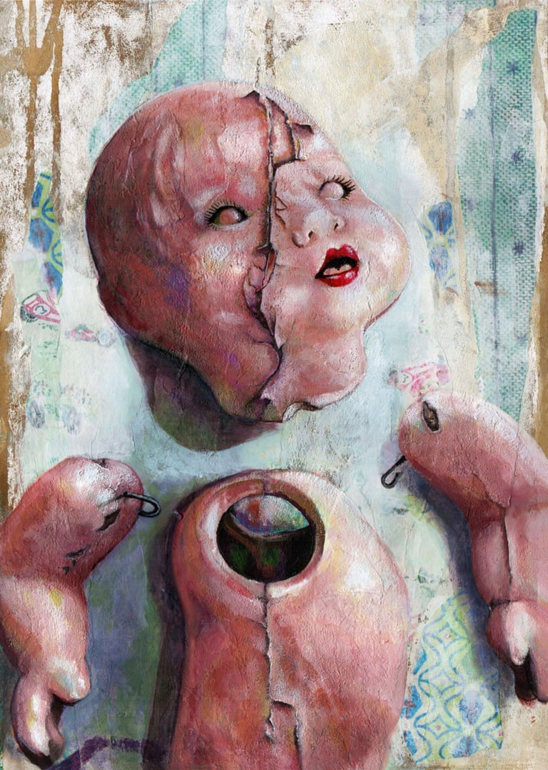 Surreal mixed media painting of a cracked vintage doll head and body parts with textured layers.