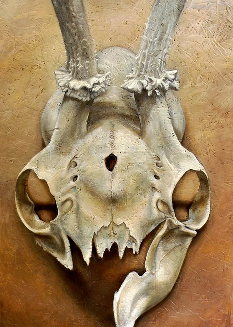 An oil painting of a shattered deer skull with shot hole and antlers on an OSB wood panel