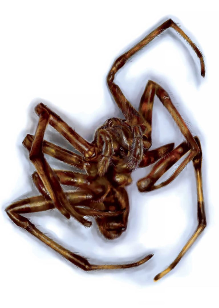 A digital illustration of a dead brown house spider