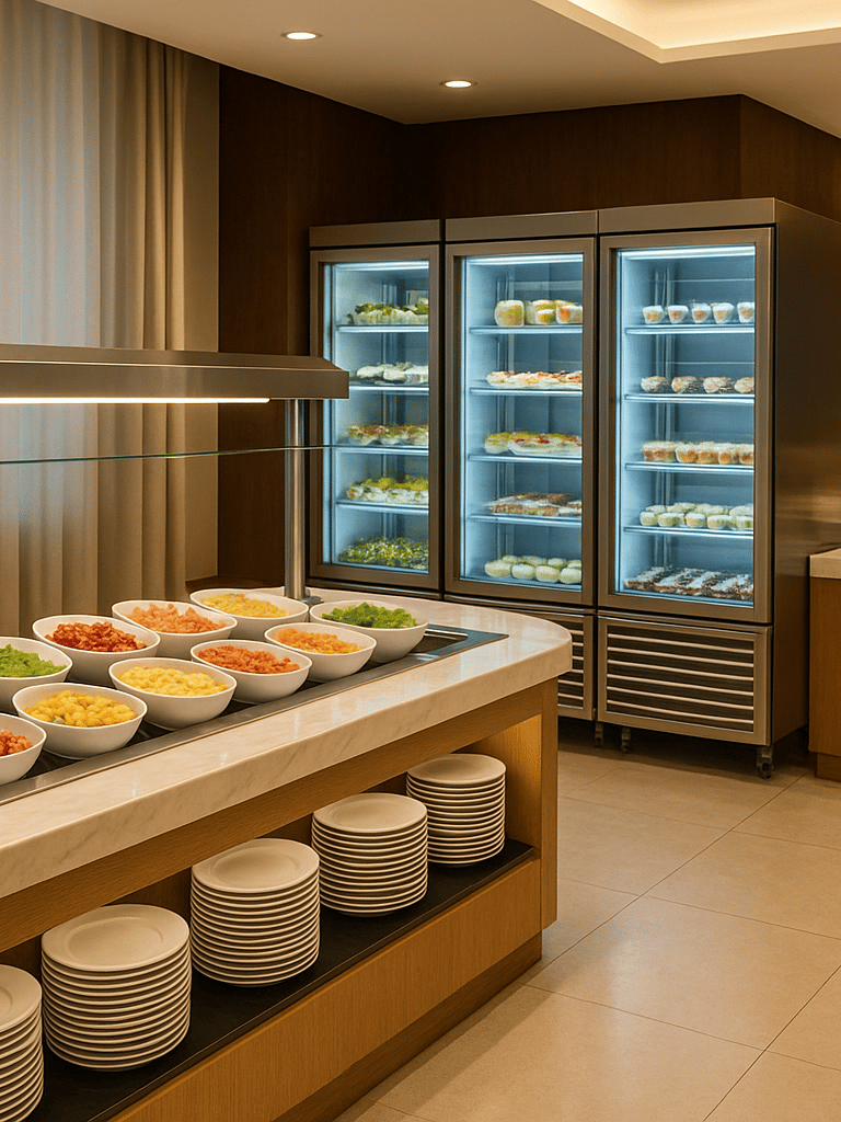 a buffet with a variety of food and drinks