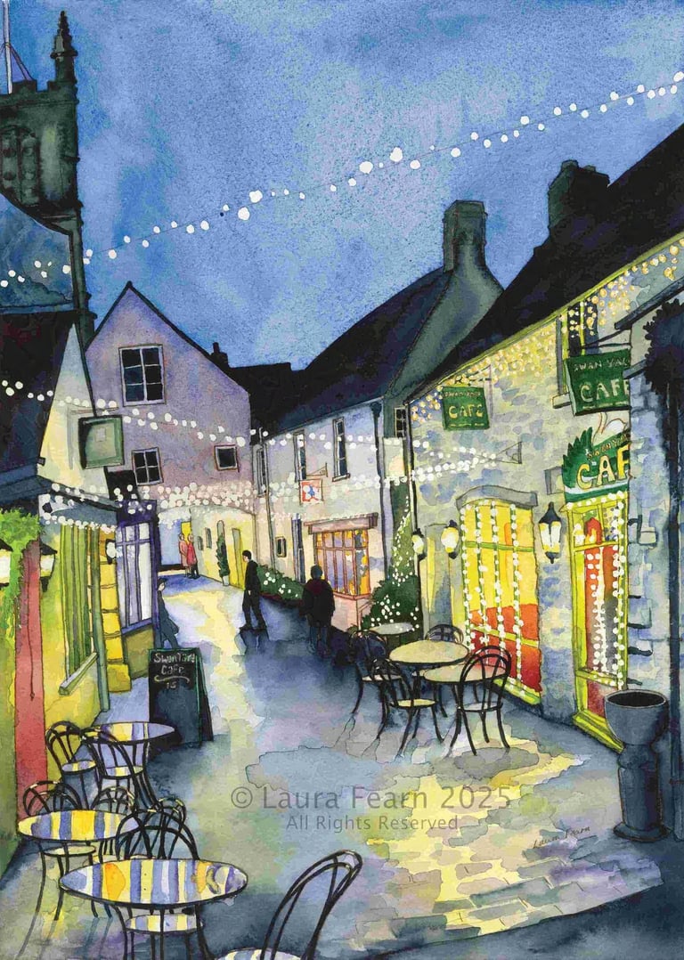 A night time street scene in Cirencester with fairy lights. Painted in pen, ink & watercolour.