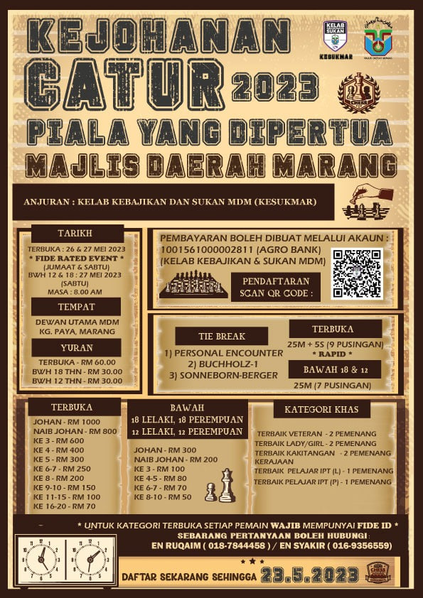 Kejohanan Catur Piala Yang Dipertua Majlis Daerah Marang Terengganu 2023. Catur Malaysia
