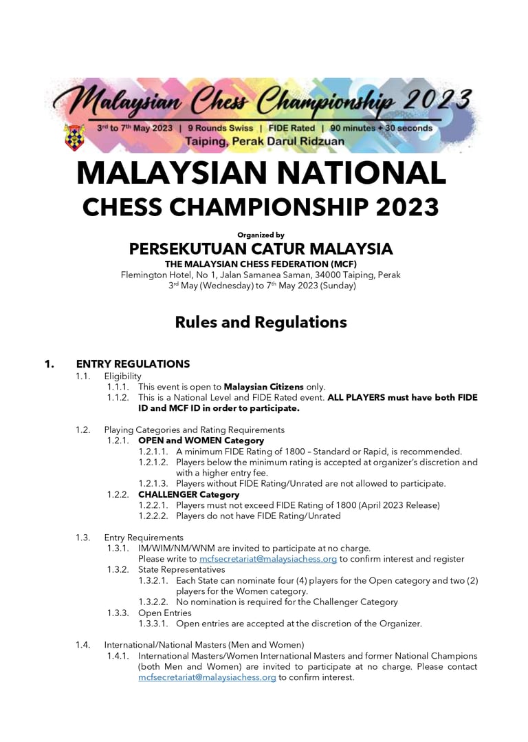 Malaysian Chess Championship 2023. Chess Malaysia. Catur Malaysia. Malaysian Chess Federation