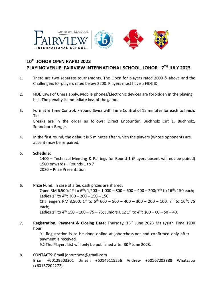 10th Johor Chess Open Rapid - ASEAN Chess Series. Malaysia Chess. Johor Open 2023