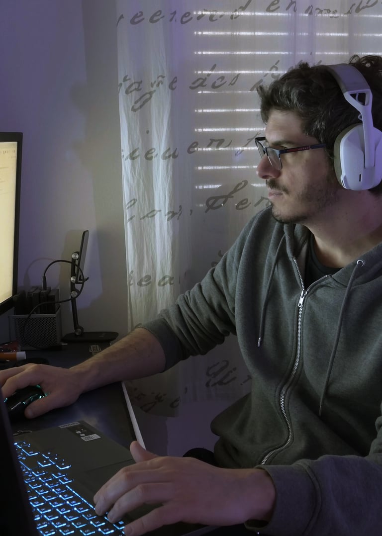 a man wearing headphones and headphones, sitting at a desk with a laptop