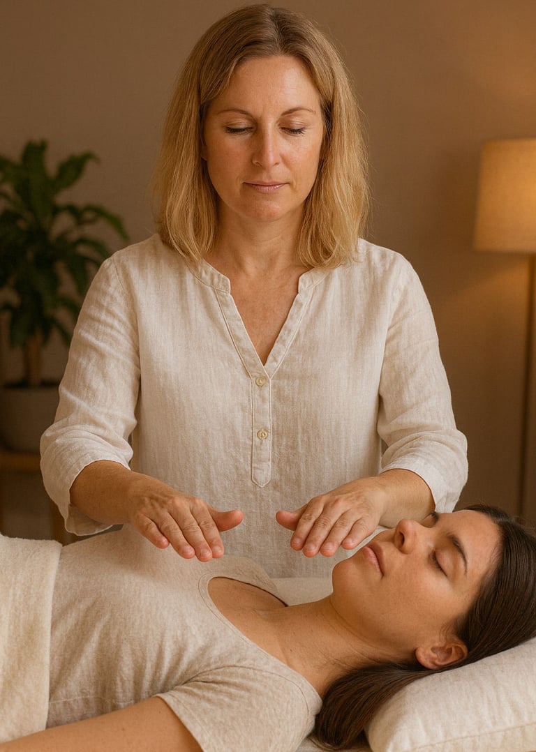 woman with hands hovering over another woman who is lying down