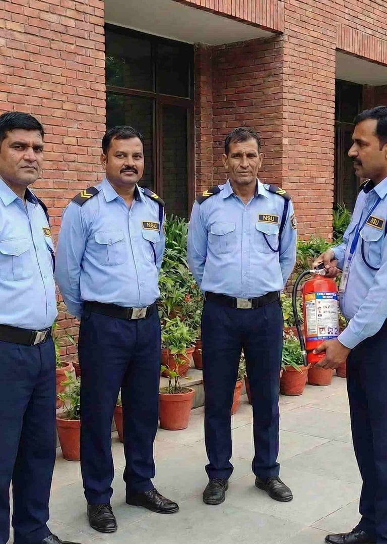 Team of NSU India security guards receiving professional training in fire extinguisher operation.