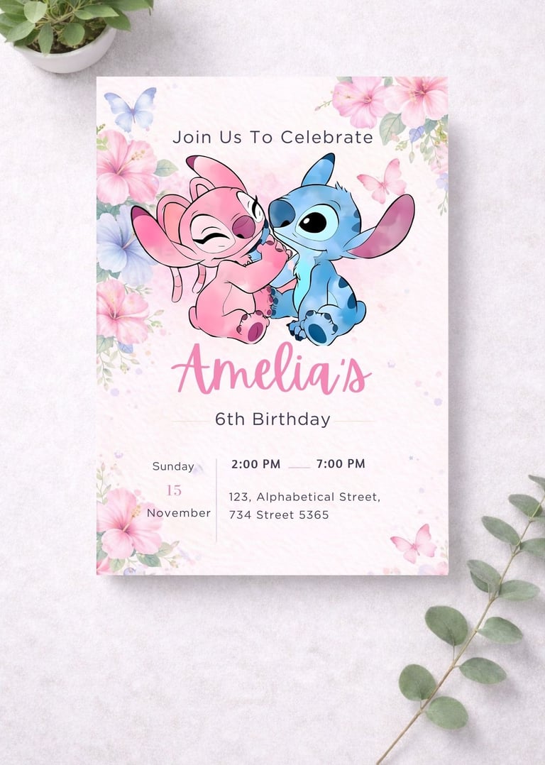 Free Stitch and Angel Birthday Invitation Template