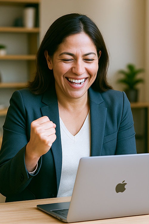 Latina businesswoman in her 40s celebrating success while looking at her laptop in a office