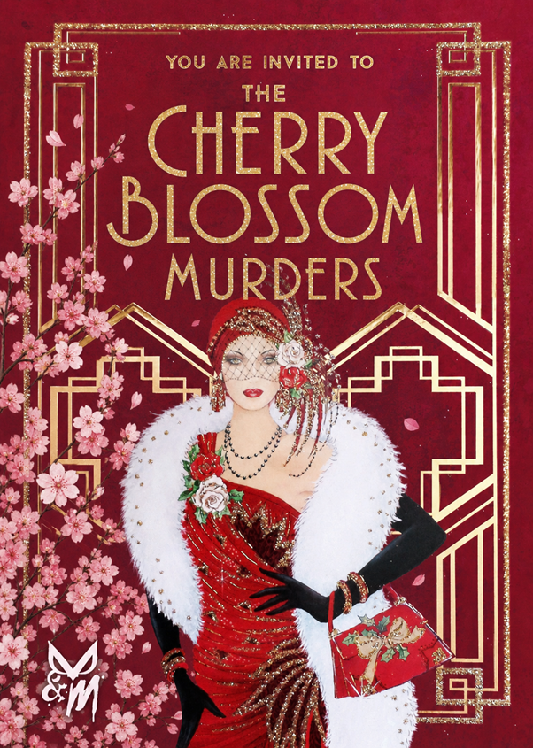 a flyer for a 1920s murder mystery. It features a woman in a red dress and cherry blossom.