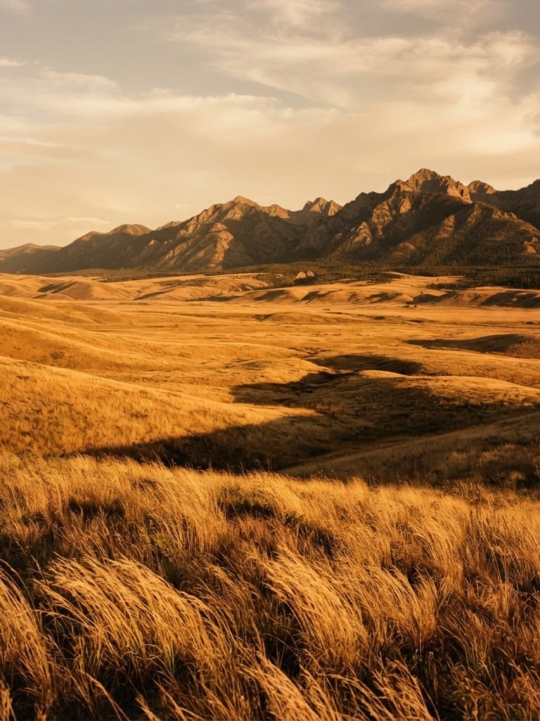 Extreme wide environmental shot of empty golden-grass fields in Idaho at golden hour, low-angle sunlight casting long shadows across mountain-facing ridges, 35mm film texture.
