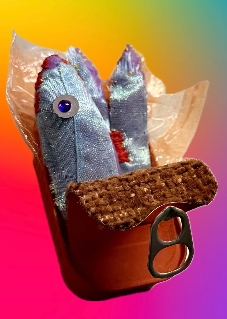 Close-up photo of a sculpture of stitched blue/purple sardine and orange tin with orange foil