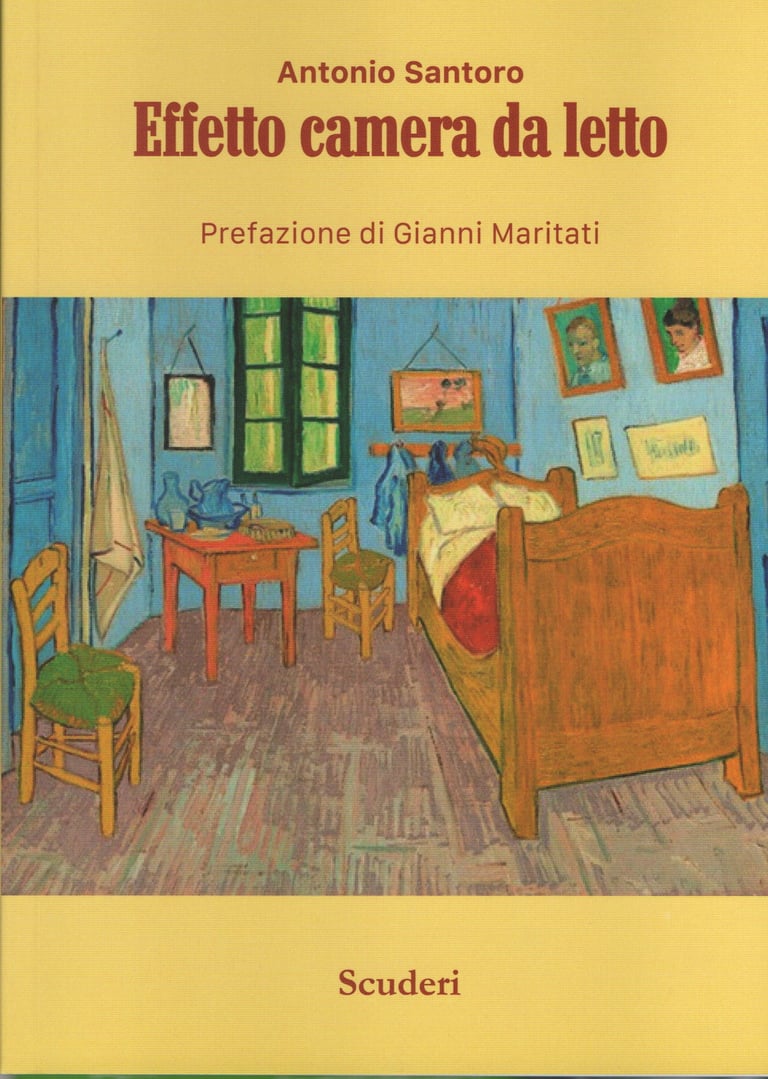 Book cover of Effetto camera da letto by Antonio Santoro featuring Van Gogh's bedroom painting.
