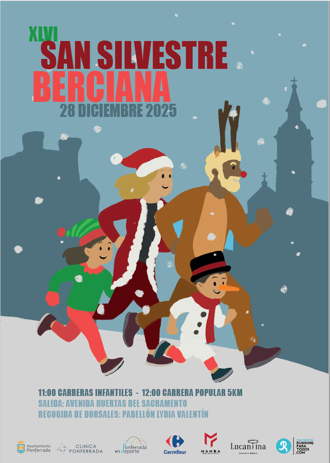 Cartel oficial de la XLVI San Silvestre Berciana 2025 con ilustración navideña de corredores disfrazados y detalles de horari