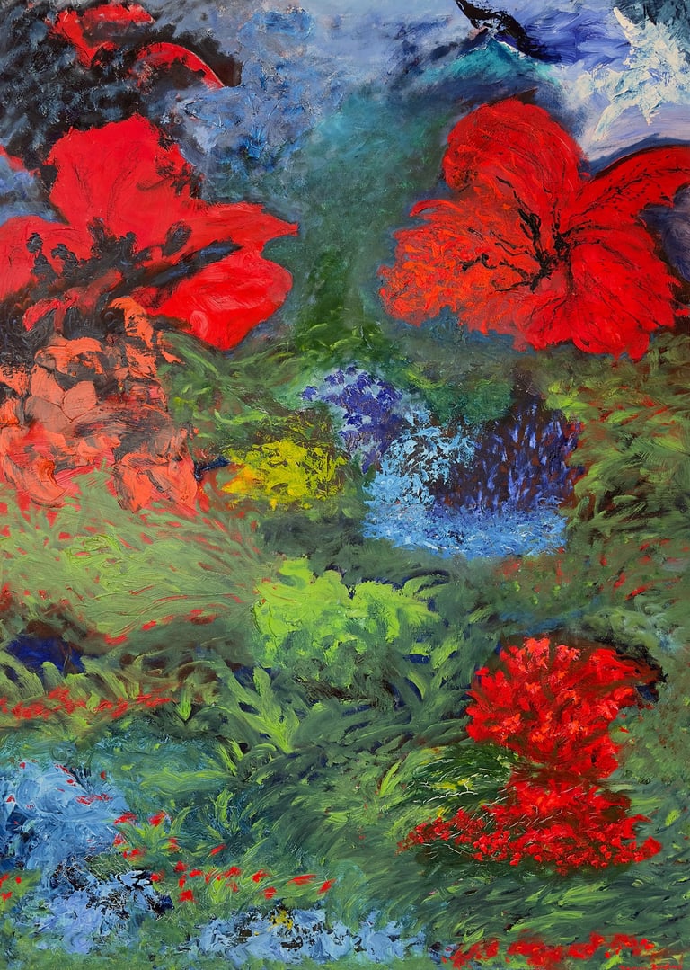 Large painting with red flowers and lush green scenery