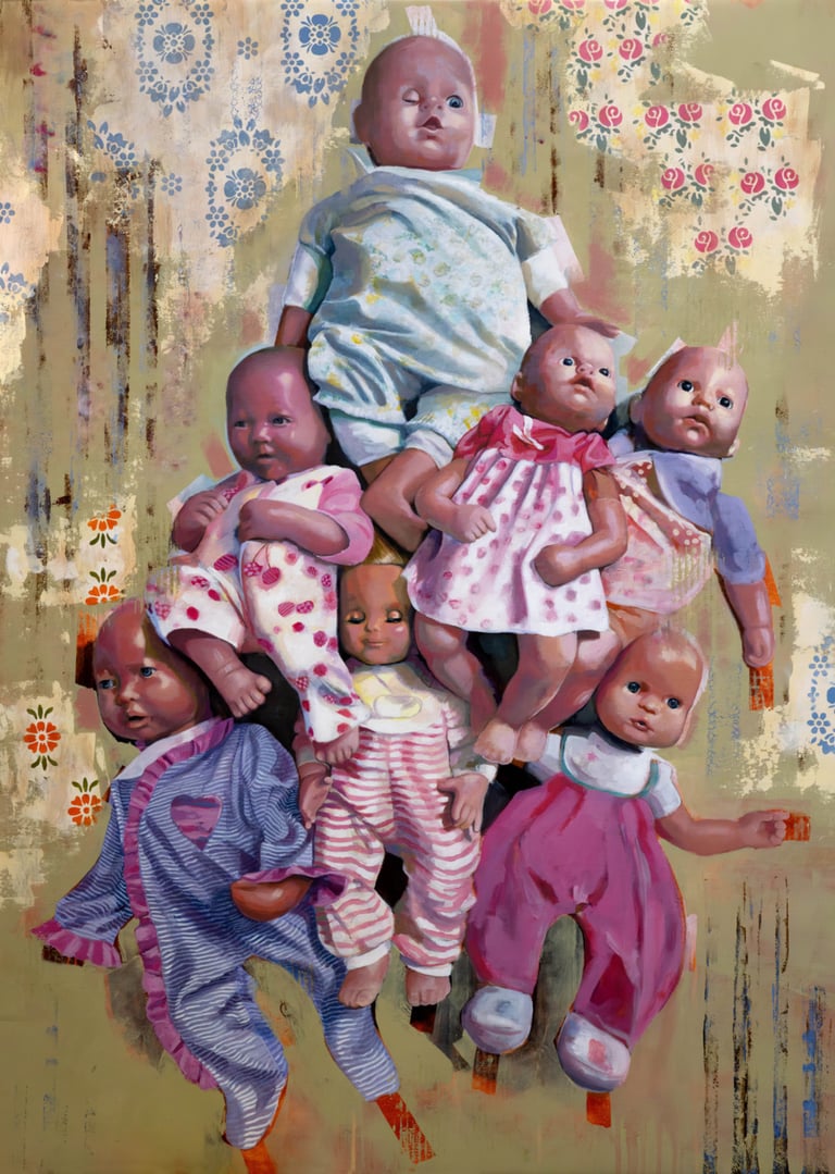Acrylic on Canvas of the painting, 'Playthings' depicting a pile of 7 vintage dolls against floral wallpaper background