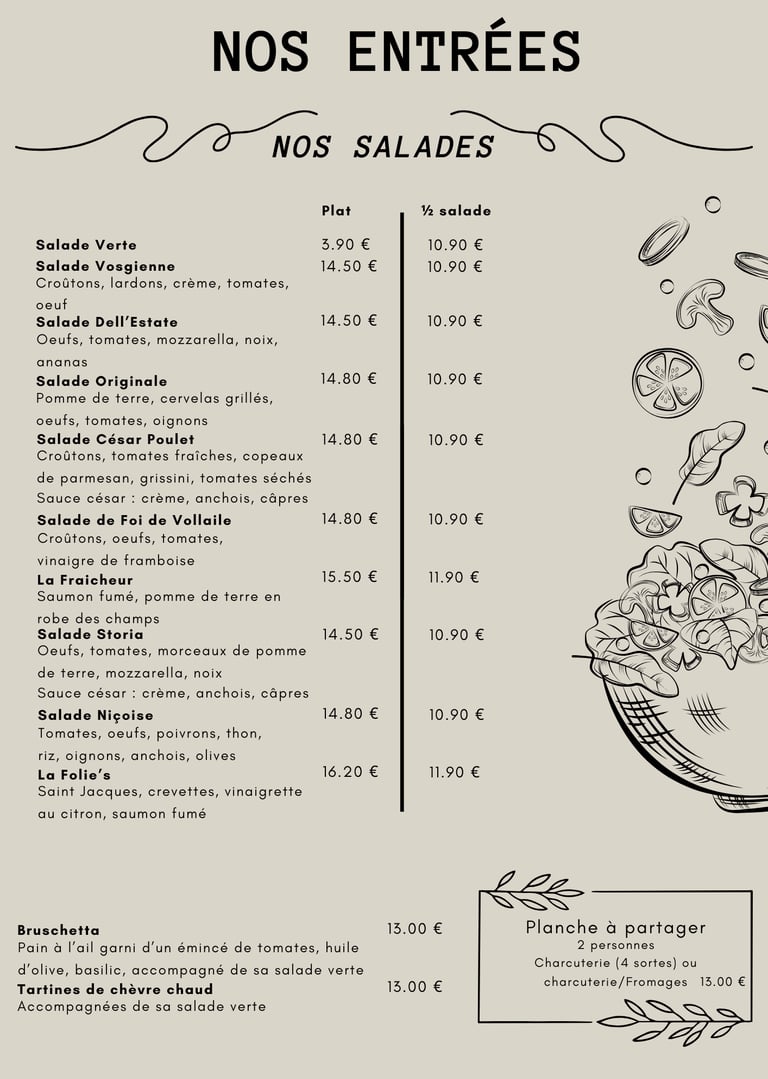 carte des entrées et planches