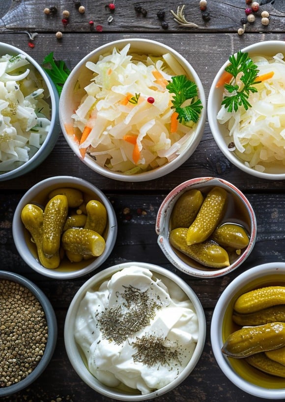 16 bowls of fermented foods on a wooden table