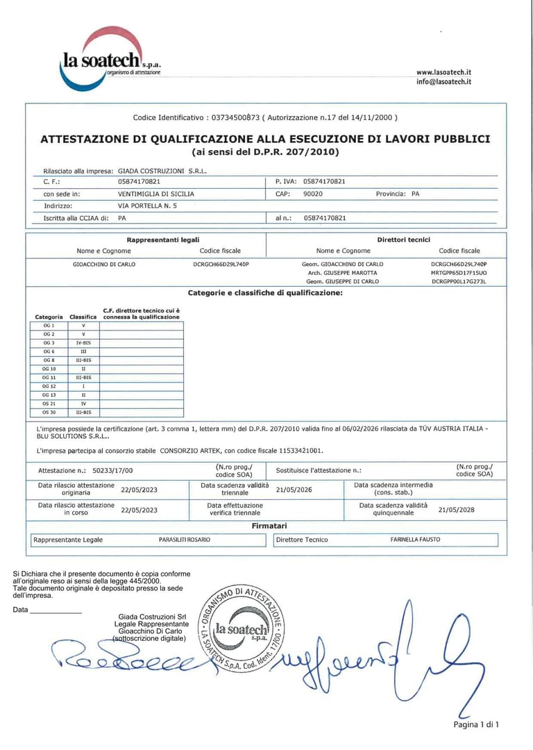 Certificato SOA OG1-OG2-OG3-OG6-OG8-OG10-OG11-OG12-OG13-OS28-OS30