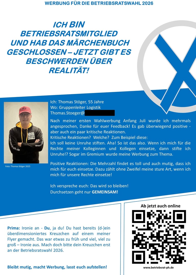 Es ist ein Flyer von Thomas Stöger zu sehen. Darauf wirbt er für die Betriebsratswahlen 2026