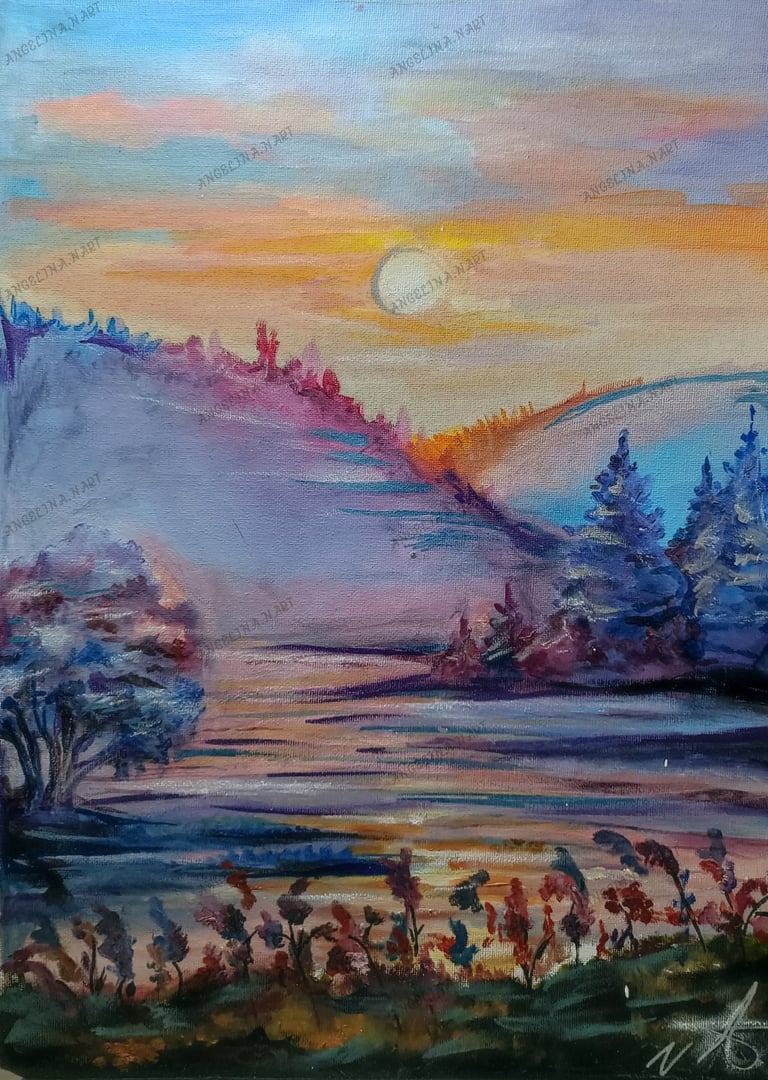 Original oil painting with Mixed media. beautiful sunset drawing by the artist Angelina.N ArtNess.