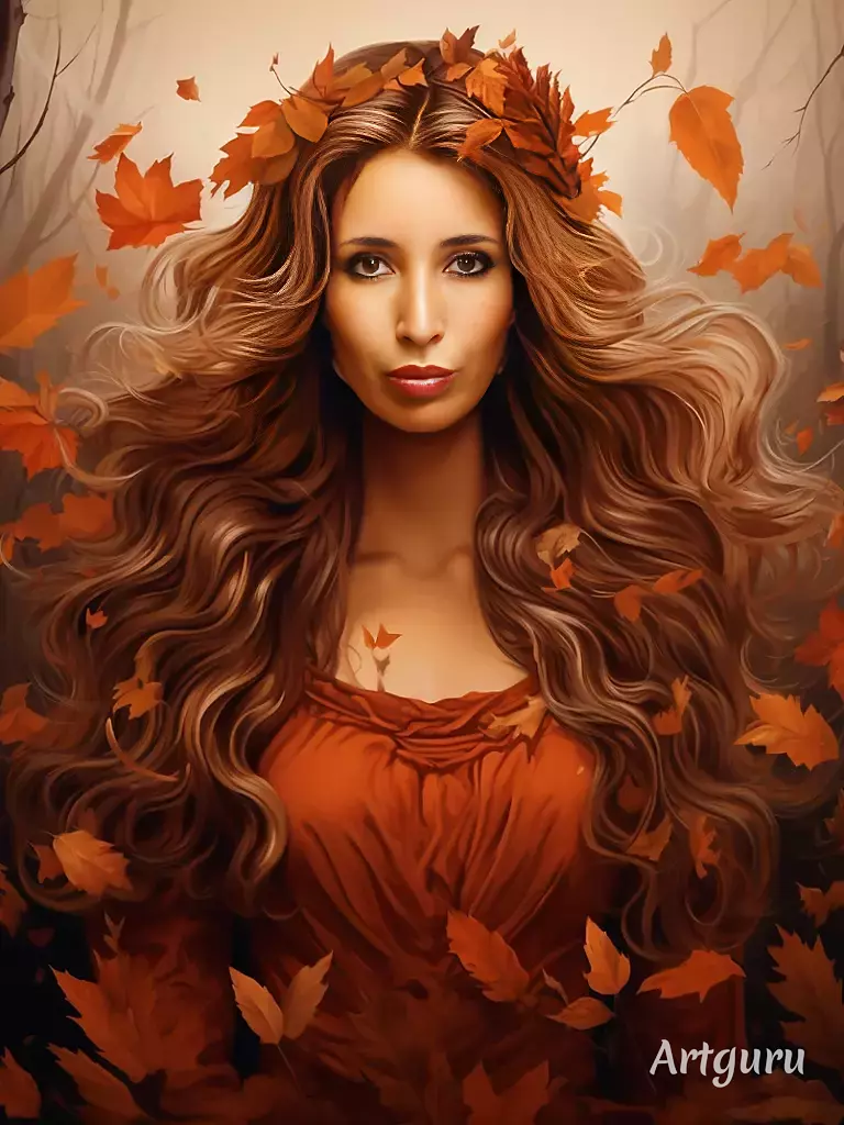 a woman with long hair and a crown of leaves