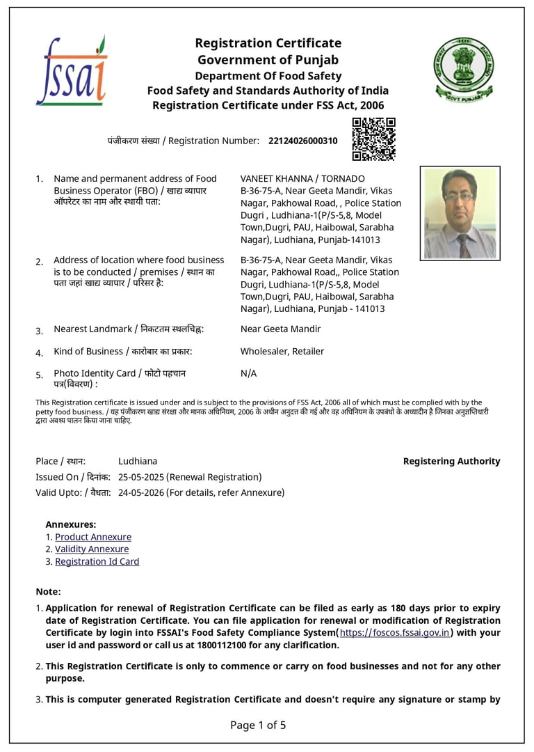 FSSAI Food Safety Registration Certificate for a food business operator in Ludhiana, Punjab-TORNADO