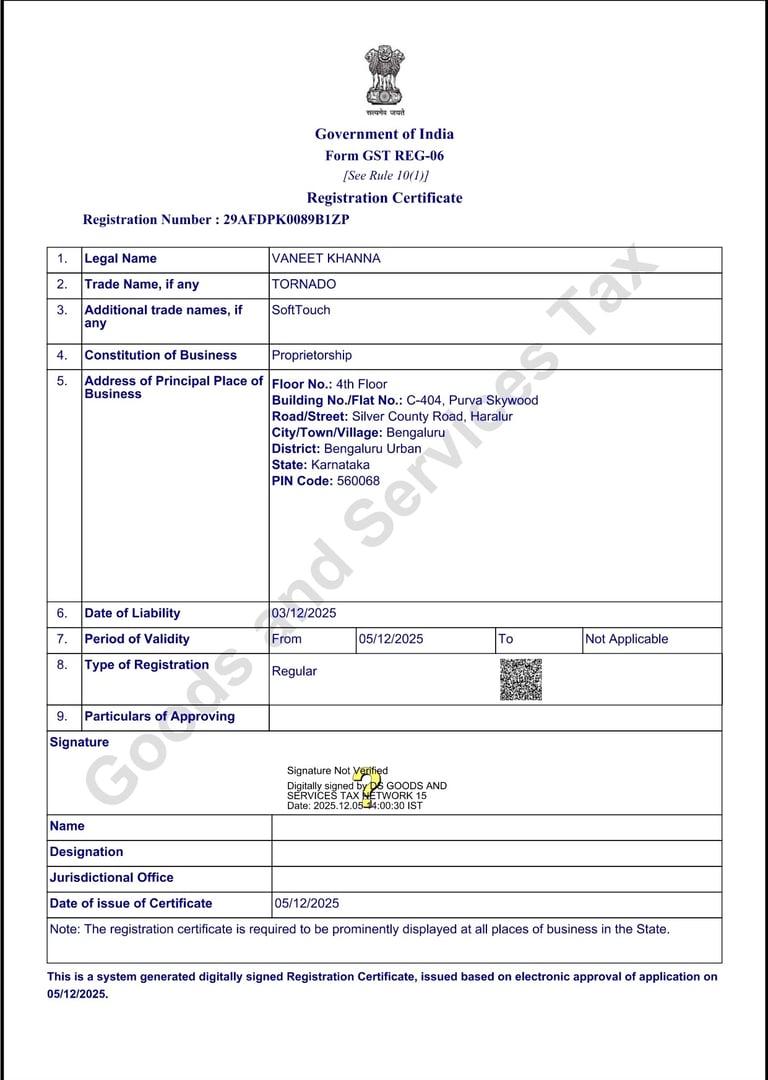 Official Government of India GST registration certificate for Vaneet Khanna and Tornado business in Bengaluru.