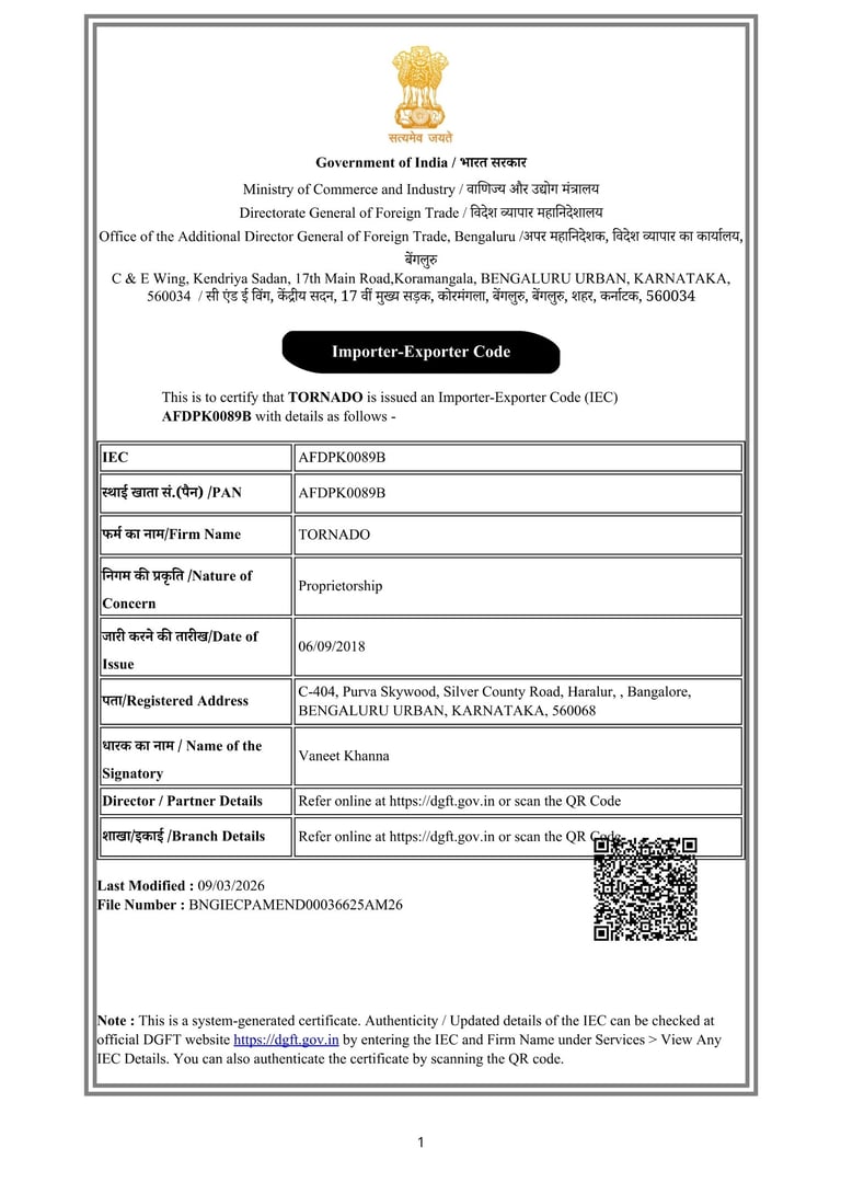 Official Importer-Exporter Code certificate issued by the Government of India to TORNADO proprietorship in Bengaluru.