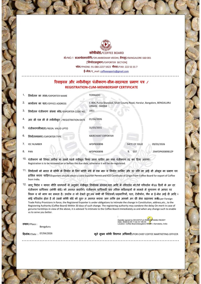 Official Coffee Board of India registration-cum-membership certificate for TORNADO exporter on a bed of green coffee beans.