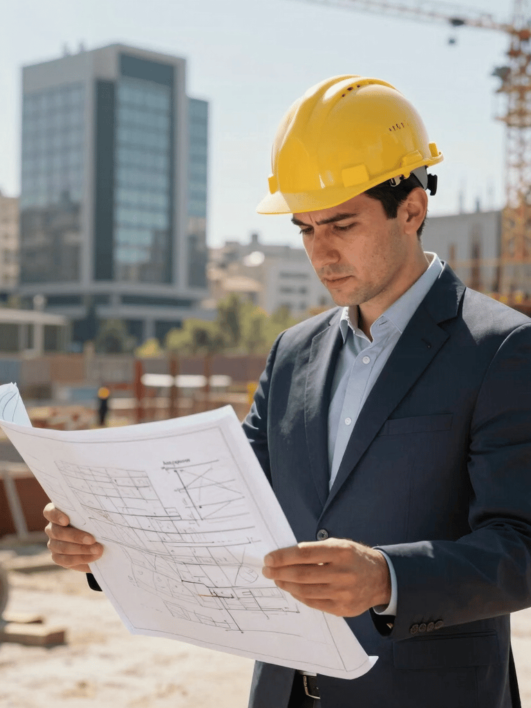 A focused engineer in a hard hat reviewing blueprints on a sunlit construction site in an Anatolian city, modern structures in the background, sharp focus, professional photography.