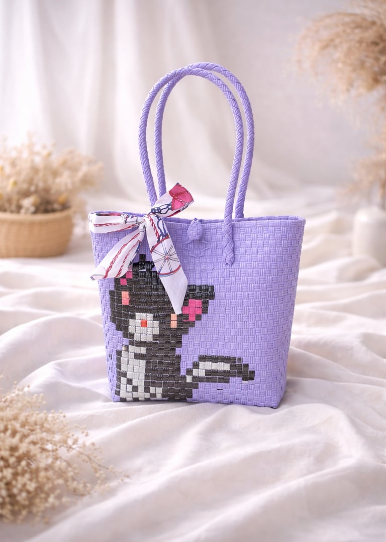 Tas anyaman karakter kucing warna ungu muda handmade dari plastik daur ulang