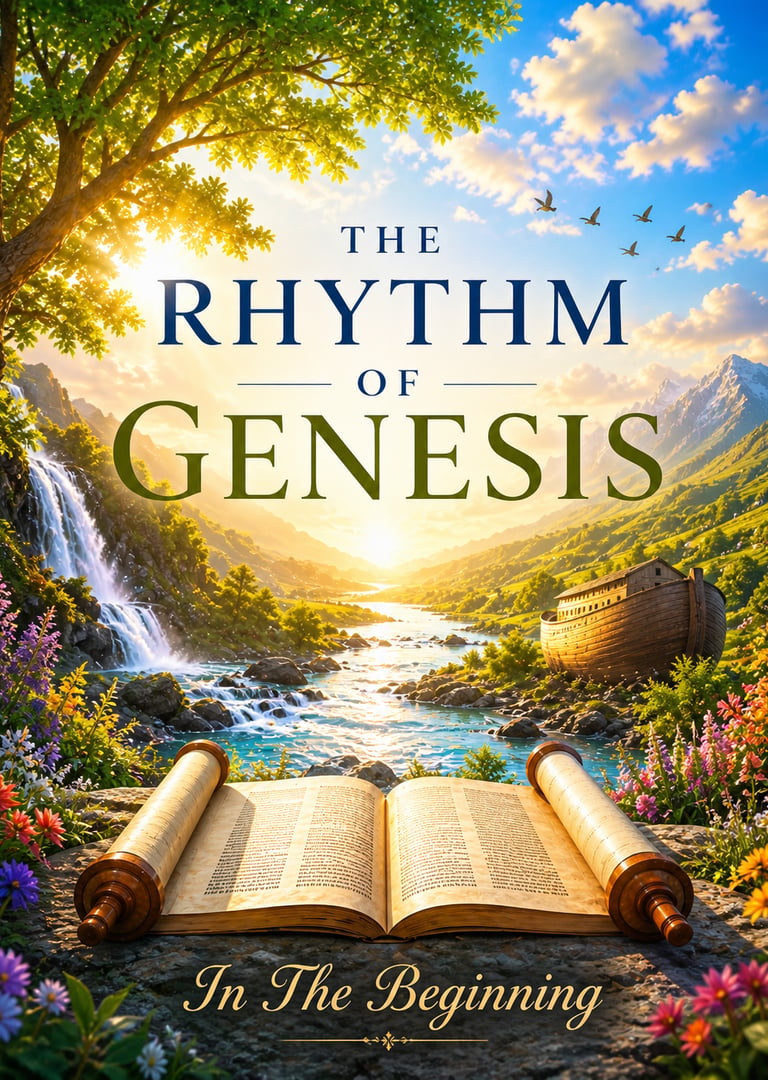 Devotional image for The Rhythm of Genesis with a sunrise valley, waterfall, scroll, and ark”