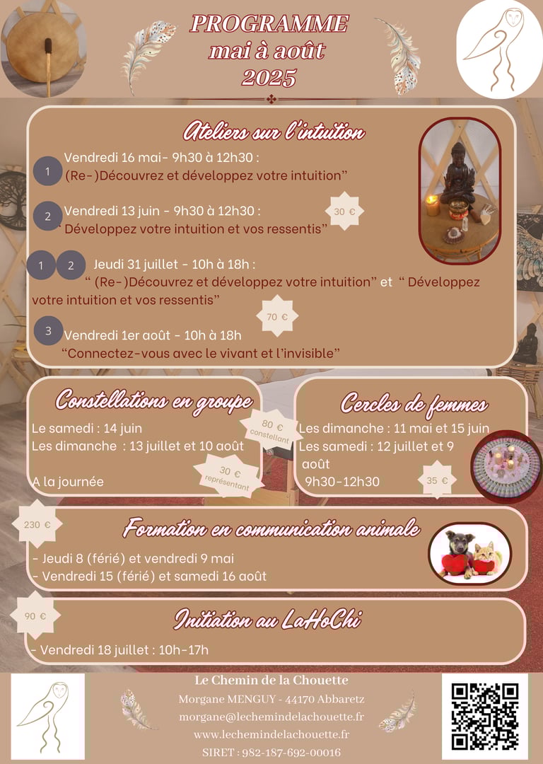 programme du Chemin de la Chouette (44) : constellations, cercles de femmes, ateliers intuition
