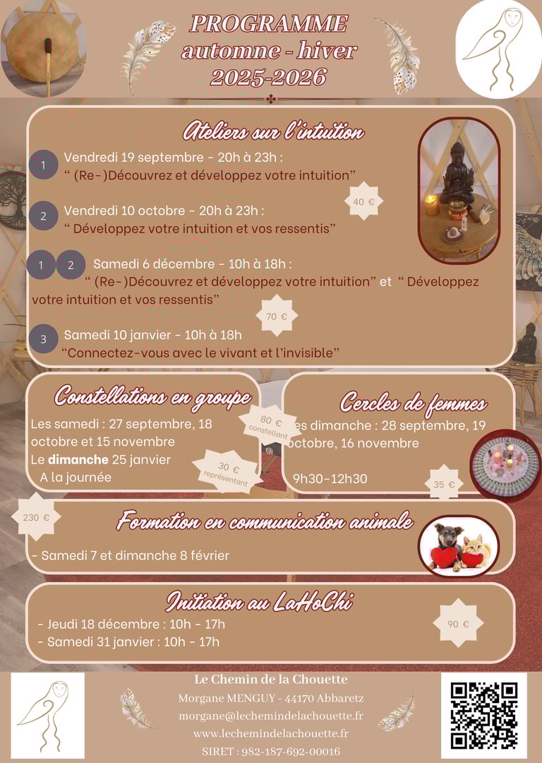 programme du CHemin de la Chouette automne hiver 2025 2026 dates des ateliers formations