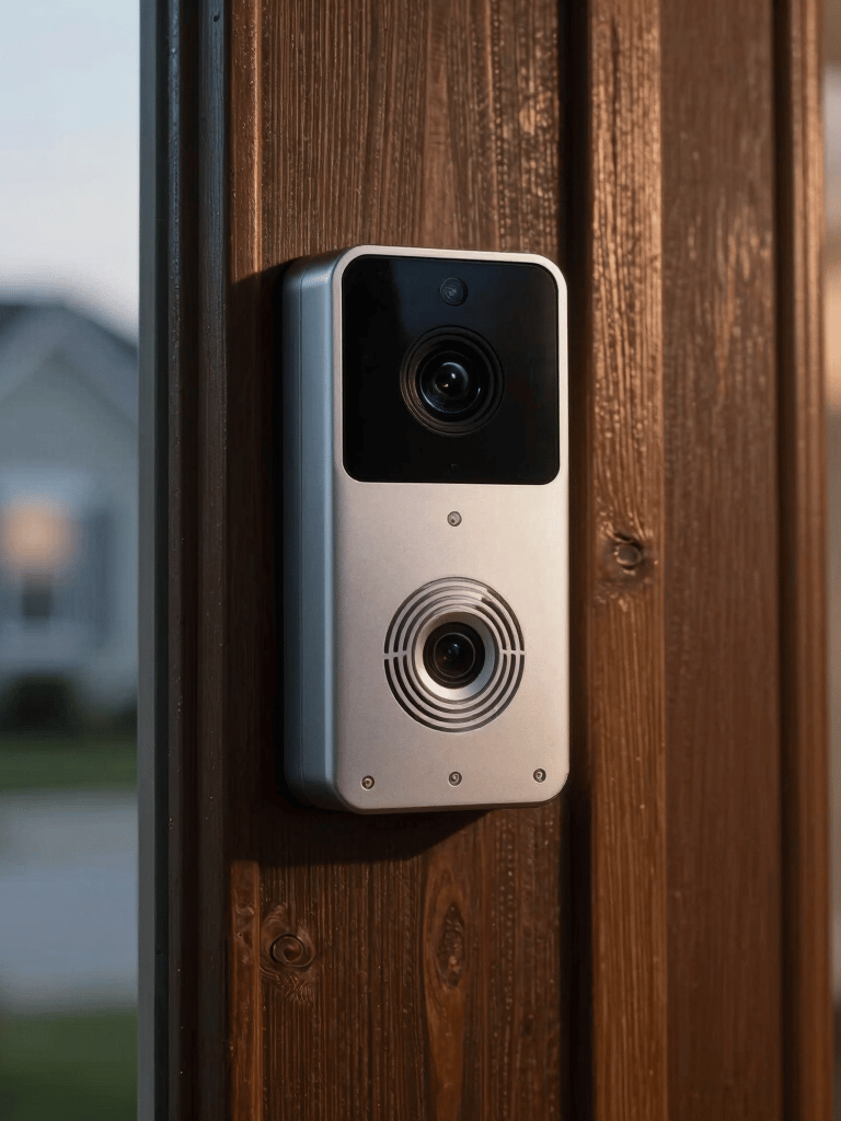 A close-up of a modern smart video doorbell mounted on a dark wood door frame of a North American suburban house during a soft-lit evening.