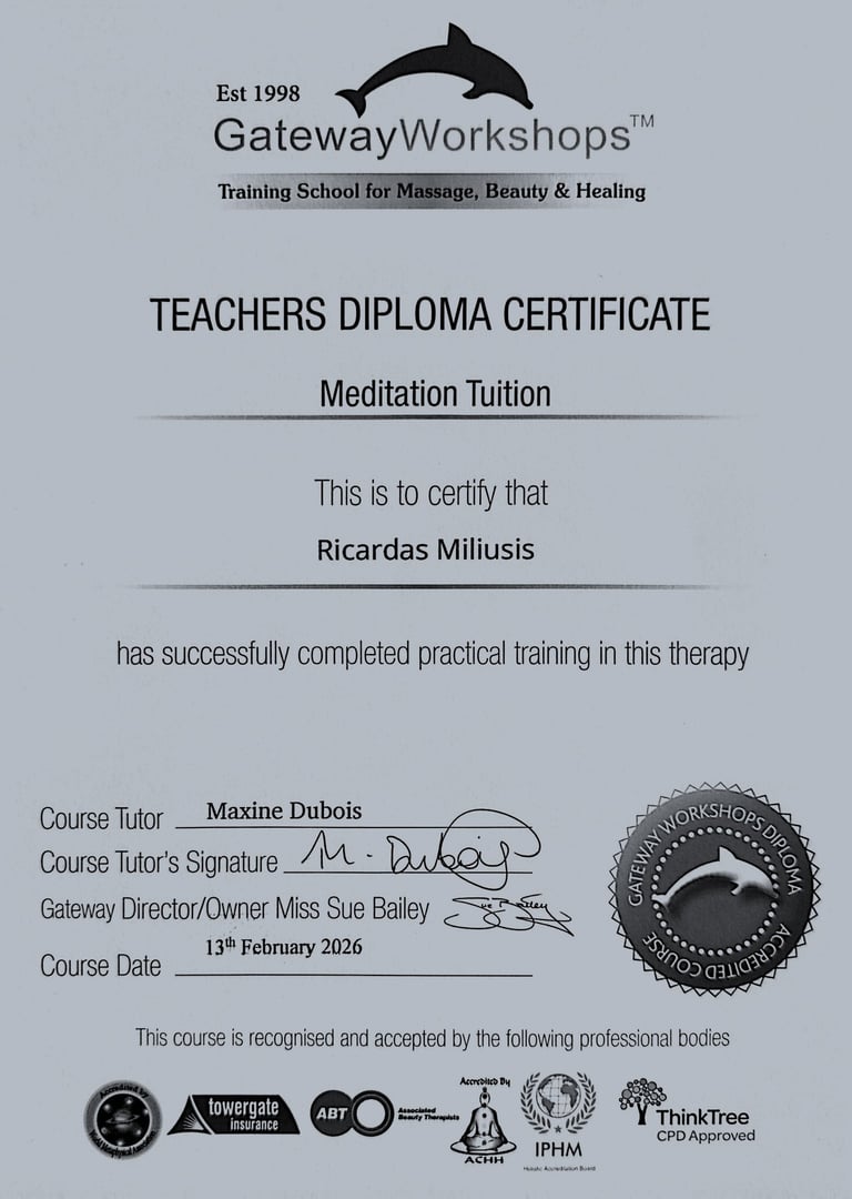 Meditacijos mokytojo diplomo sertifikatas, patvirtinantis Ričardo Miliušio profesinį pasirengimą.