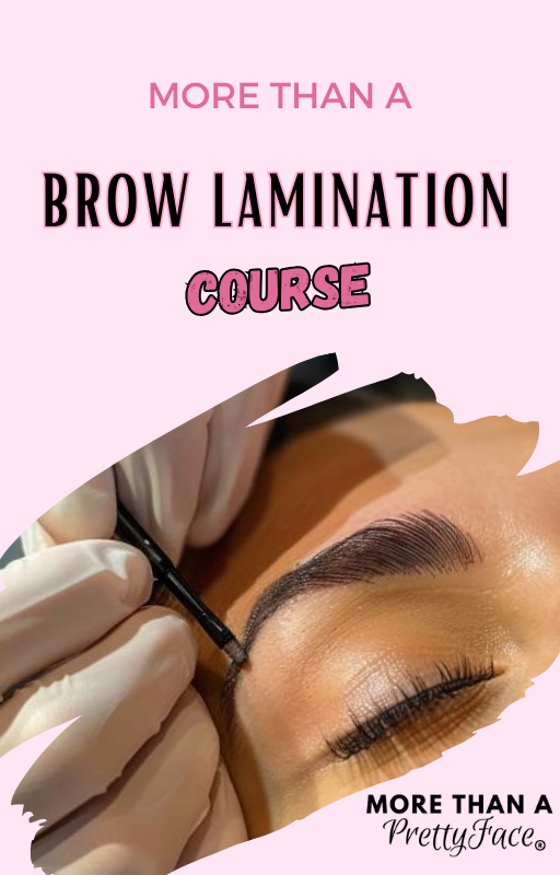 Professional brow lamination course advertisement featuring a close-up of an eyebrow shaping procedure.
