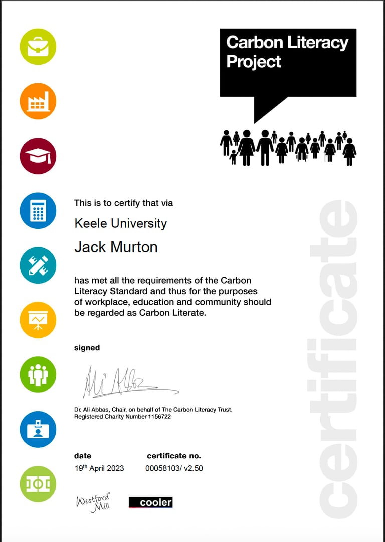Certified Carbon Literate badge — Jack Murton holds Carbon Literacy Project certification