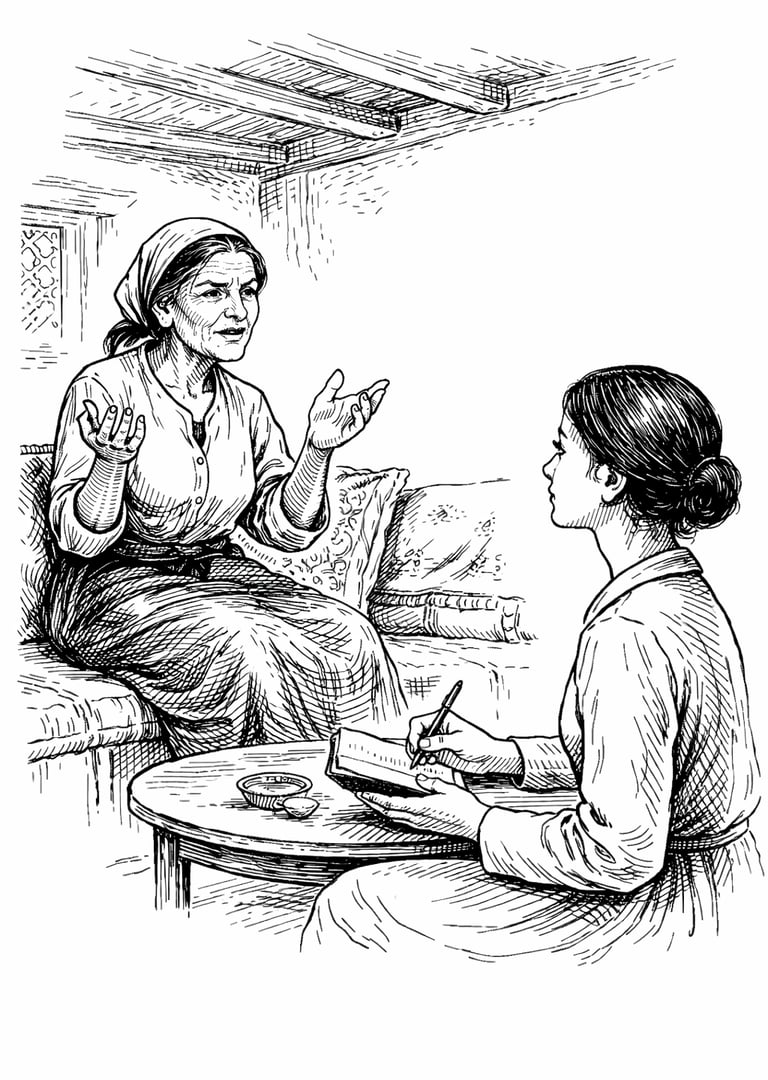 Vintage sketch of an older woman speaking while a young woman takes notes in a notebook.