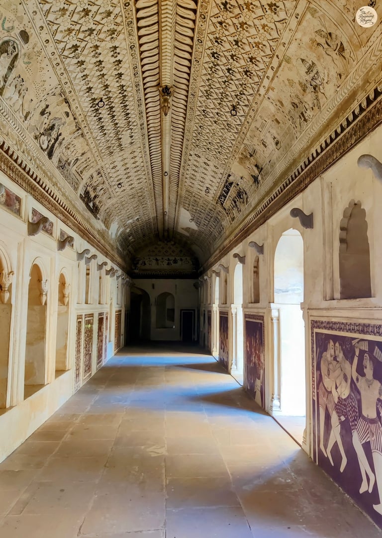 Painted gallery of Lakshmi Temple, Orchha- showcasing mythological frescoes and Bundela artistry.
