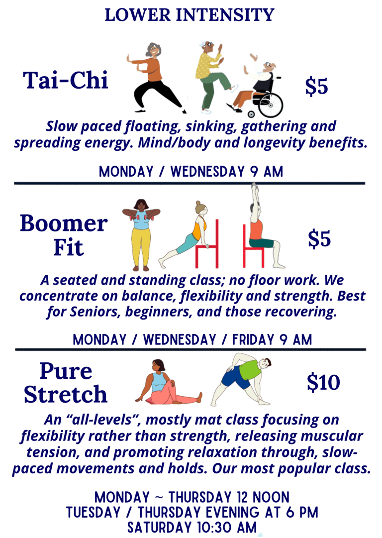 Schedule of lower intensity senior fitness classes including Tai-Chi, Boomer Fit, and Pure Stretch.