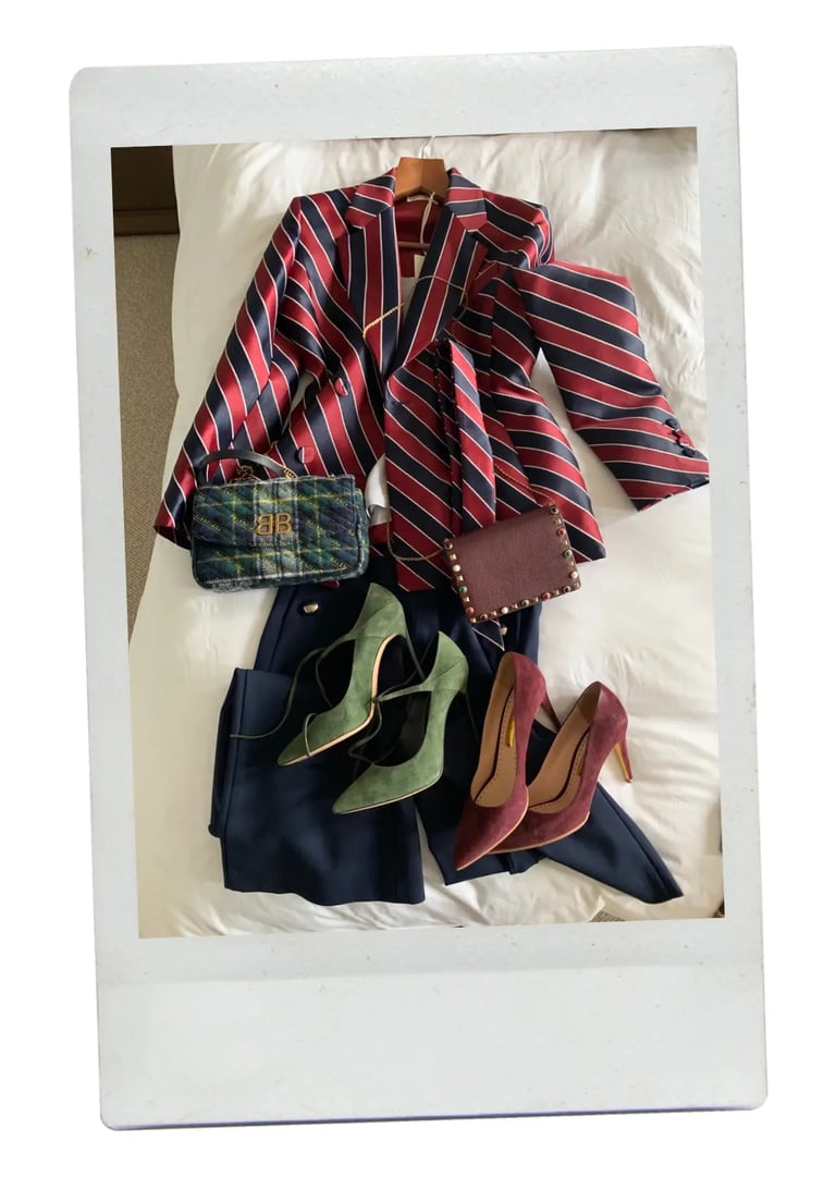 dhm.style wardrobe refresh and travel edit with striped blazer, designer heels, and Balenciaga and Valentino handbags.