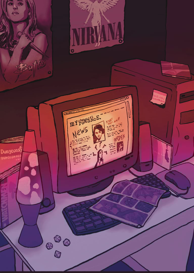 An illustration of a 90s desktop computer, lava lamp, Buffy poster and MCR website open.