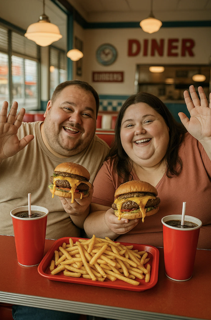 Un couple avec des rondeurs mange un fast food pour la journée mondiale de la malbouffe
