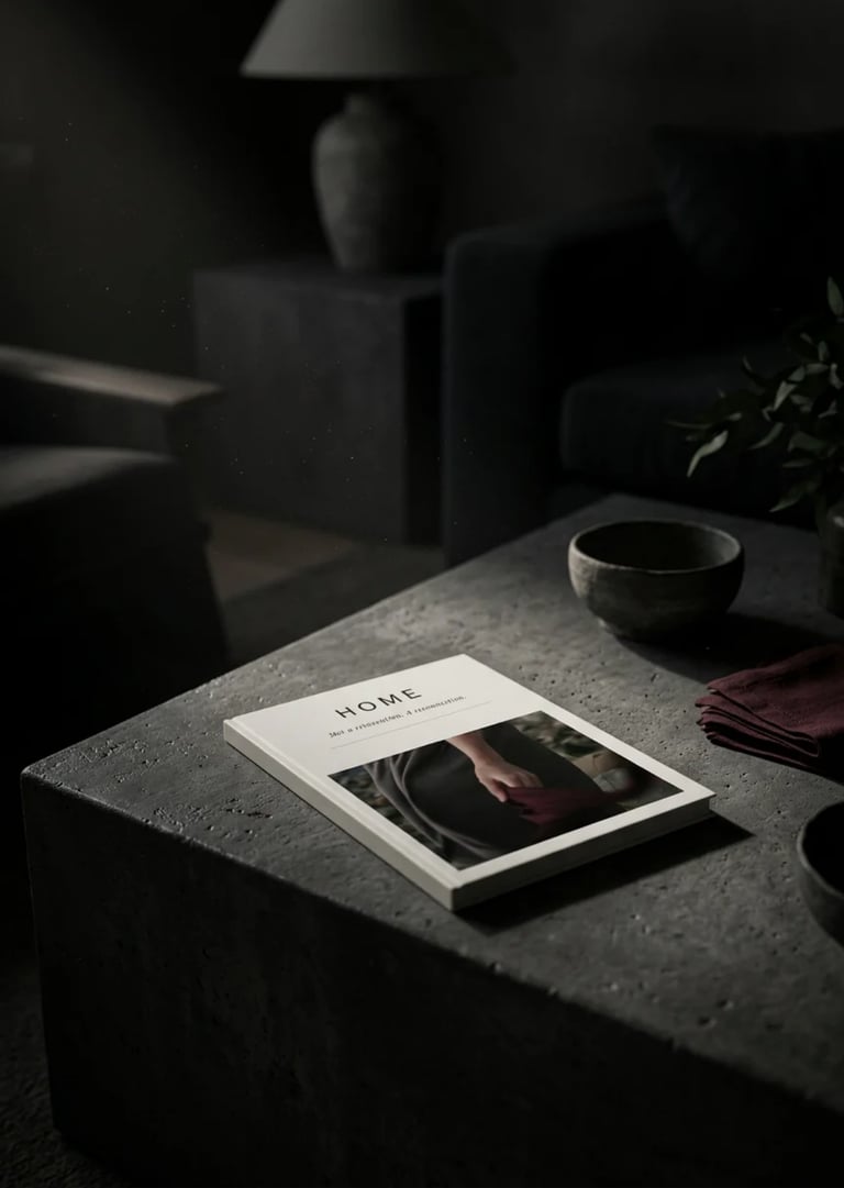 A minimalist Home magazine on a dark stone coffee table in a moody living room interior.