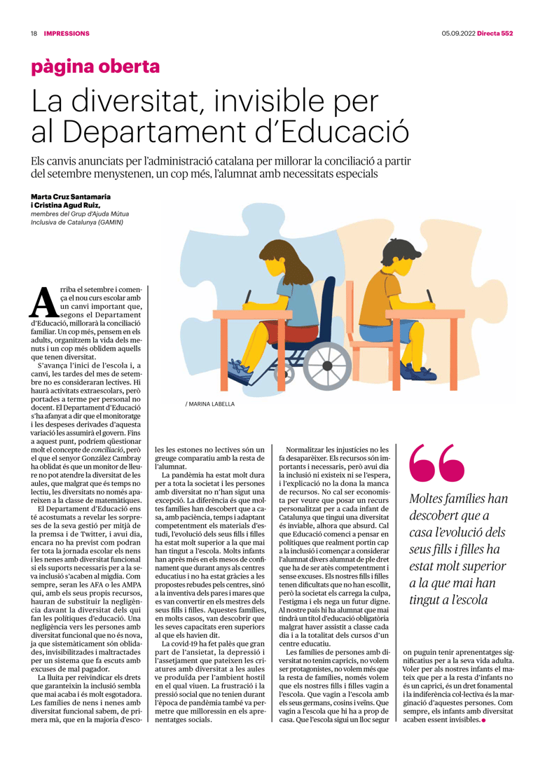 magazine article with an illustration of a disabled girl sitting on a wheel chair doing homework