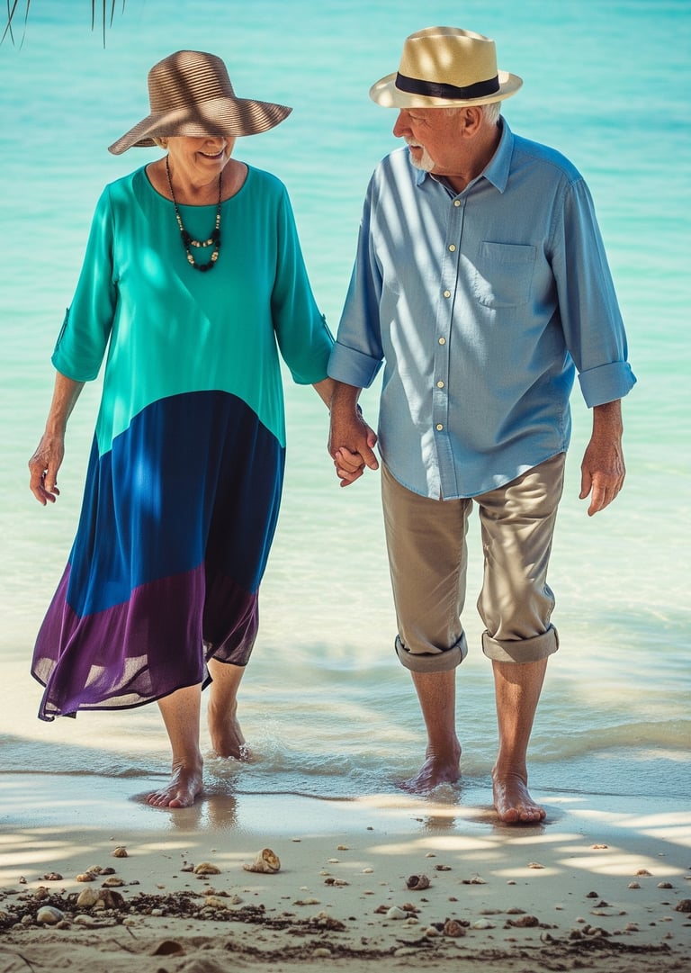 Elderly couple walking barefoot on the beach