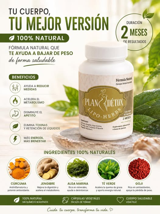 Plan Detox Lipo-Herbs natural weight loss supplement bottle with herbal ingredients like turmeric and green tea.
