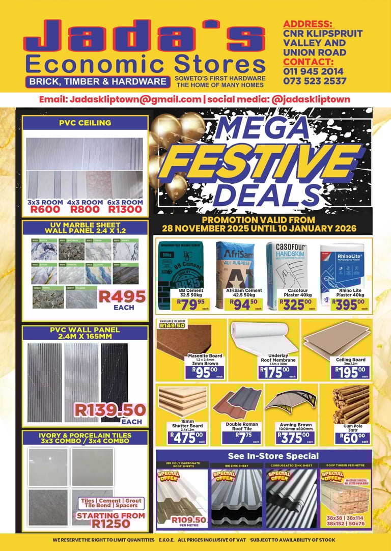 jadas hardware, black friday deals tiles, cement, wall panel, roof sheets